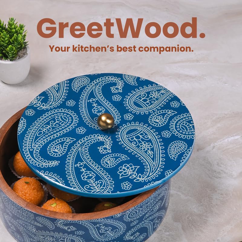 Image of Wooden Chapati Box for Kitchen - Casserole for Roti with Stainless Steel Brass Lid | Wooden Chapati Box with 1 Tong | Traditional Kitchen Organizer - Blue (Printed)