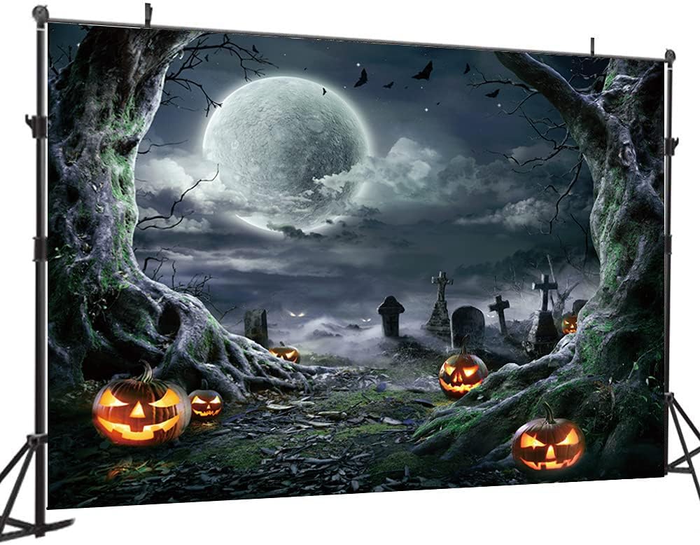 Halloween Graveyard Backdrop 7x5FT - Scary Pumpkin Bat Tree Moon Party Background