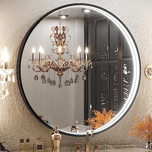 Keonjinn Led Mirror For Bathroom, 32 Inch Round Bathroom Mirror With Lights, Circle Black Metal Framed Frontlit Vanity Mirror, Wall Mounted Anti-Fog Dimmable Makeup Mirror For Bedroom, 6000K, Cri≥90 #TOP8