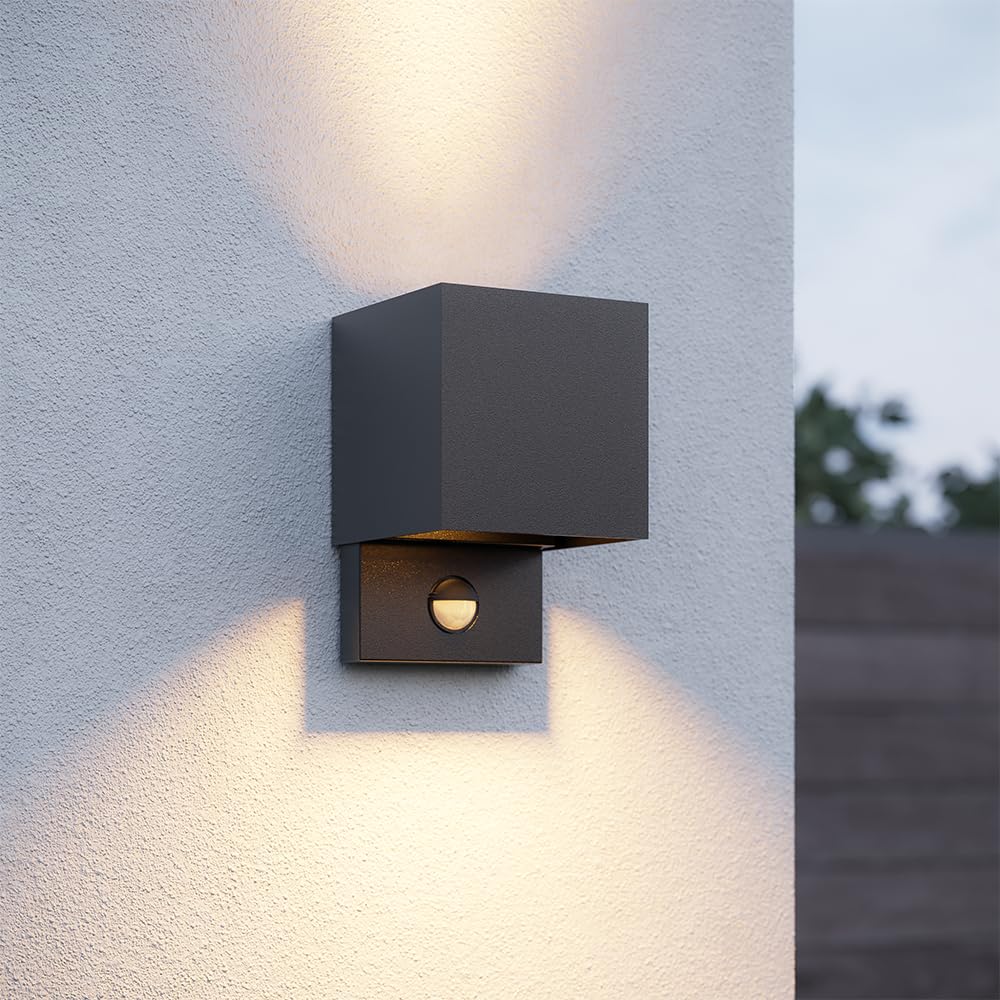 HOFTRONIC - Kansas LED Wandleuchte Außen mit Bewegungsmelder & Dämmerungsschalter – Up & Down Wandlampe, Einstellbarer Lichtstrahl, IP65, 7W 3000K Warmweiß, Außenleuchte für Haus, Terrasse & Garten