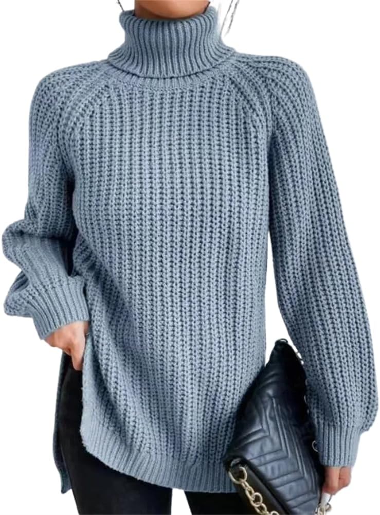 Casual Turtleneck Sweaters Pullover for Autumn/Winter Women' Solid Sleeve Thickened Warm Split s13 Blue L