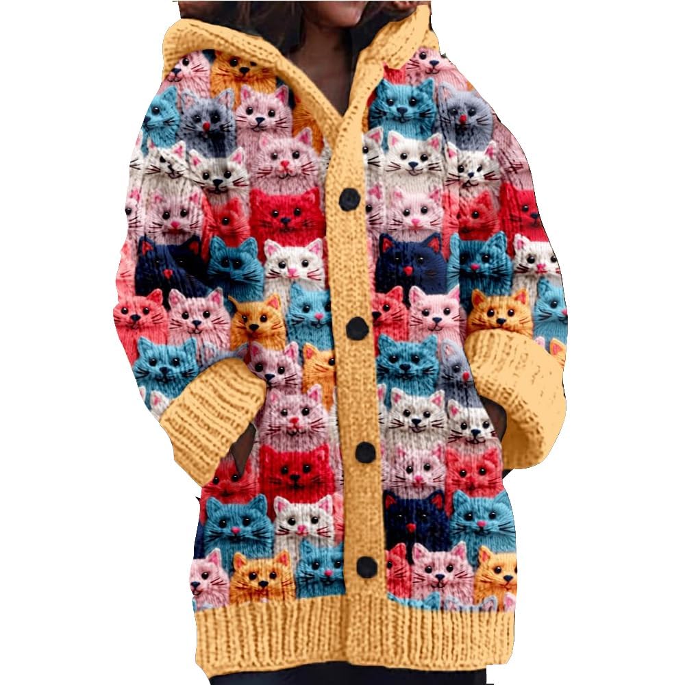 Cute Cat Pattern Knit Hooded Cardigan Cat Sweaters For Women Plus Size Cat Cardigan For Women Lover Gift