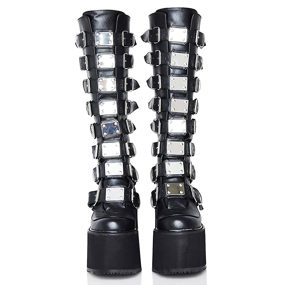 Womens Chunky Platform Knee High Boots High Heel Round-Toe Zip Punk Goth Mid Calf Combat Boots For Women