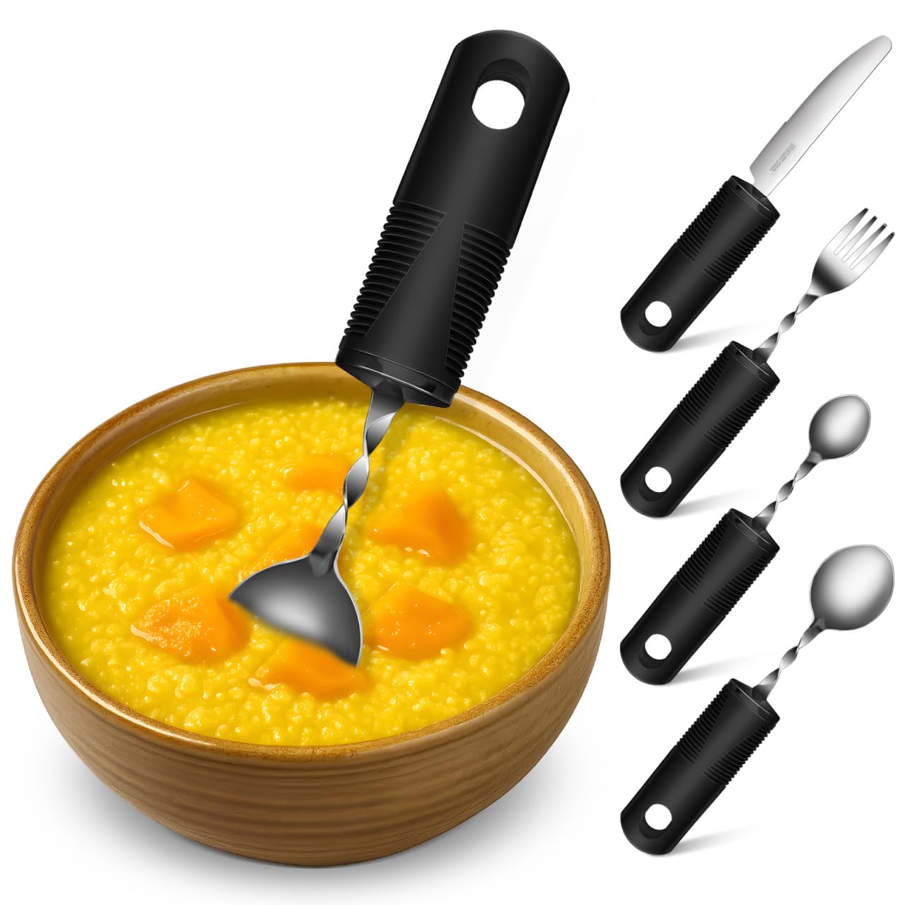 ULTECHNOVO Utensilios Adaptativos Para Ancianos 4 Piezas Cubiertos Flexibles Para Adultos Con Mango Texturizado Antideslizante Tenedor Cuchillo Cuchara Grande Y Cuchara Pequeña Para