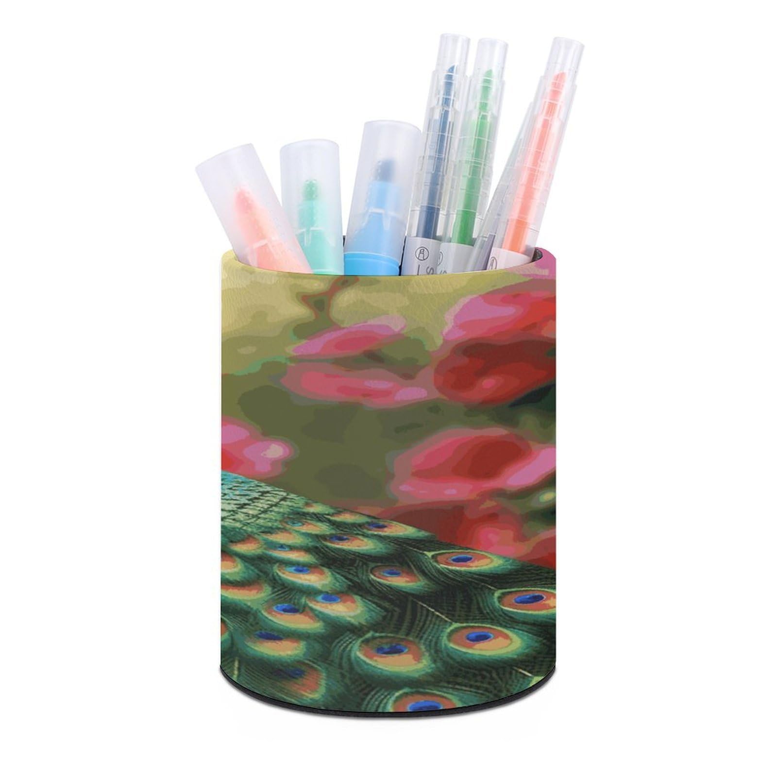 LDGSUPH Peacock Flowers Round Pen Holder Leather Pen Cup Pencil Cup Pen Organizer Pencil Holder for Desk Organizer Pencil Organizers Makeup Brush Holders for Home Office Gift