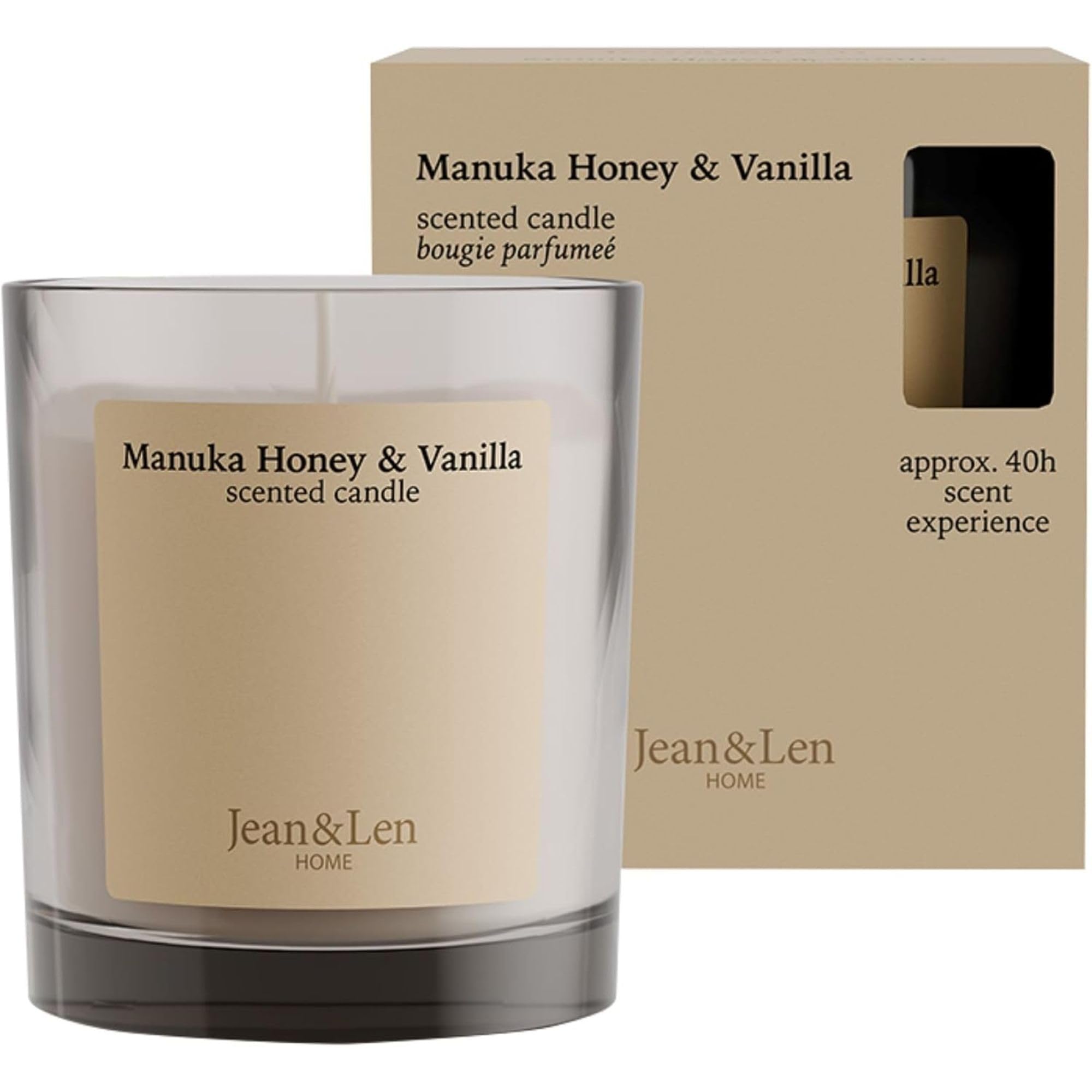 Jean & Len Scented Candle Manuka Honey & Vanilla, elaborada con manteca de karité, duración de combustión aprox. 40 horas, diseño minimalista, aroma sensual, vegano, 195 g
