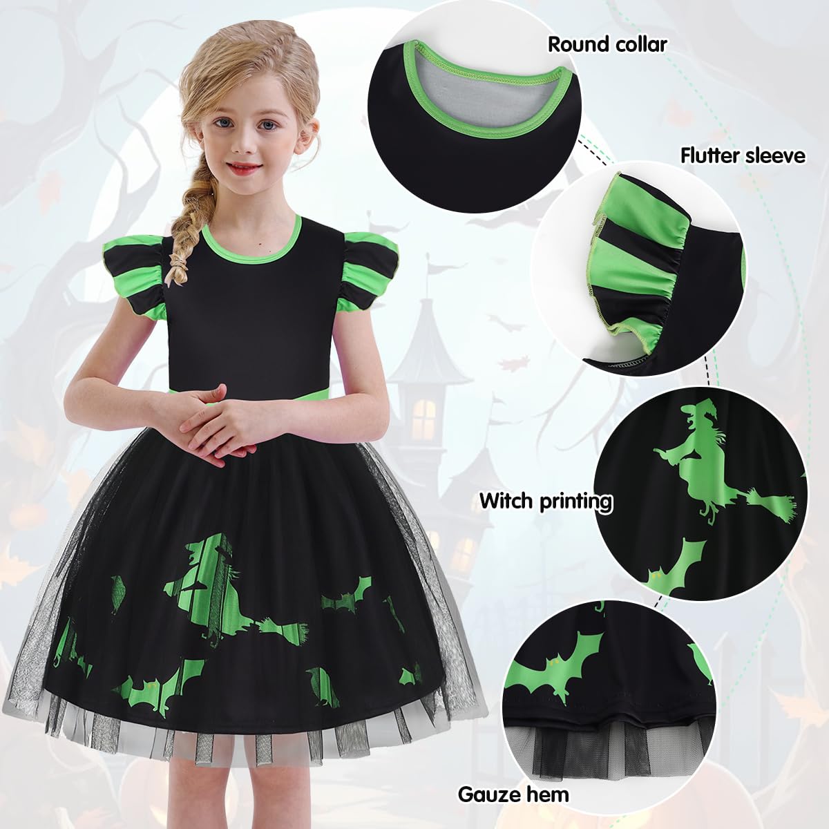 Marendyee Christmas Fancy Dress up Kids Magical Witch Costume Black Witches Cosplay World Book Day Costumes for Girls Children's Princess Dressing up Carnival Pretend Play Outfit 9-10 Years - Image 4