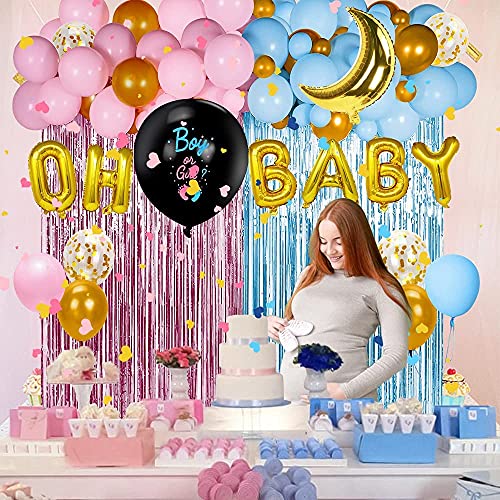 114 pcs Gender Reveal Party Decoration Kit Guirlande Ballons Rose Bleu Dor OH BABY Ballon Boy Or Girl Ballon Révélation Sexe Confettis Pluie Rideau Baby Shower Decoration pour Gaçon Fille Cover