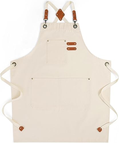 Delantales de chef para hombres y mujeres con bolsillos grandes, delantal de cocina de lona de algodón repelente al agua para cocinar