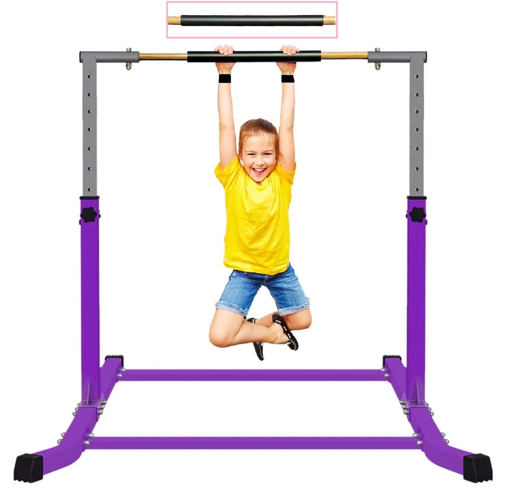 Athletic Bar Kids Gymnastics Horizontal Kip Bar with 6 FT x 4 FT Tumble Mat and Balance Beam Full Set, Adjustable 3 to 5 FT Gymnastic Junior Training Bar for Gymnasts Children, Fiberglass Rail Purple