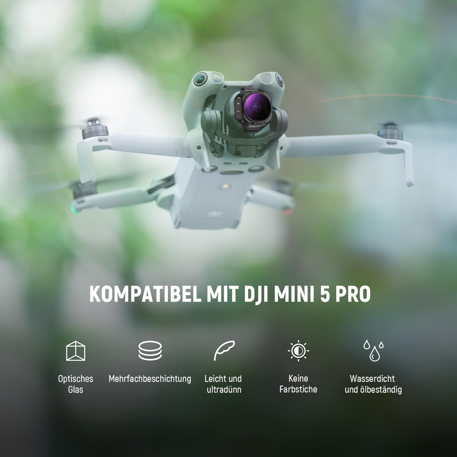 NEEWER Variabler ND Filter Kompatibel mit DJI Mini 5 Pro Drone Kamera, Snap On, Einstellbarer Graufilter (ND64-512, 6-9 Stop), Objektiv Filter aus mehrfach beschichtetem optischem Glas, Foto Zubehör