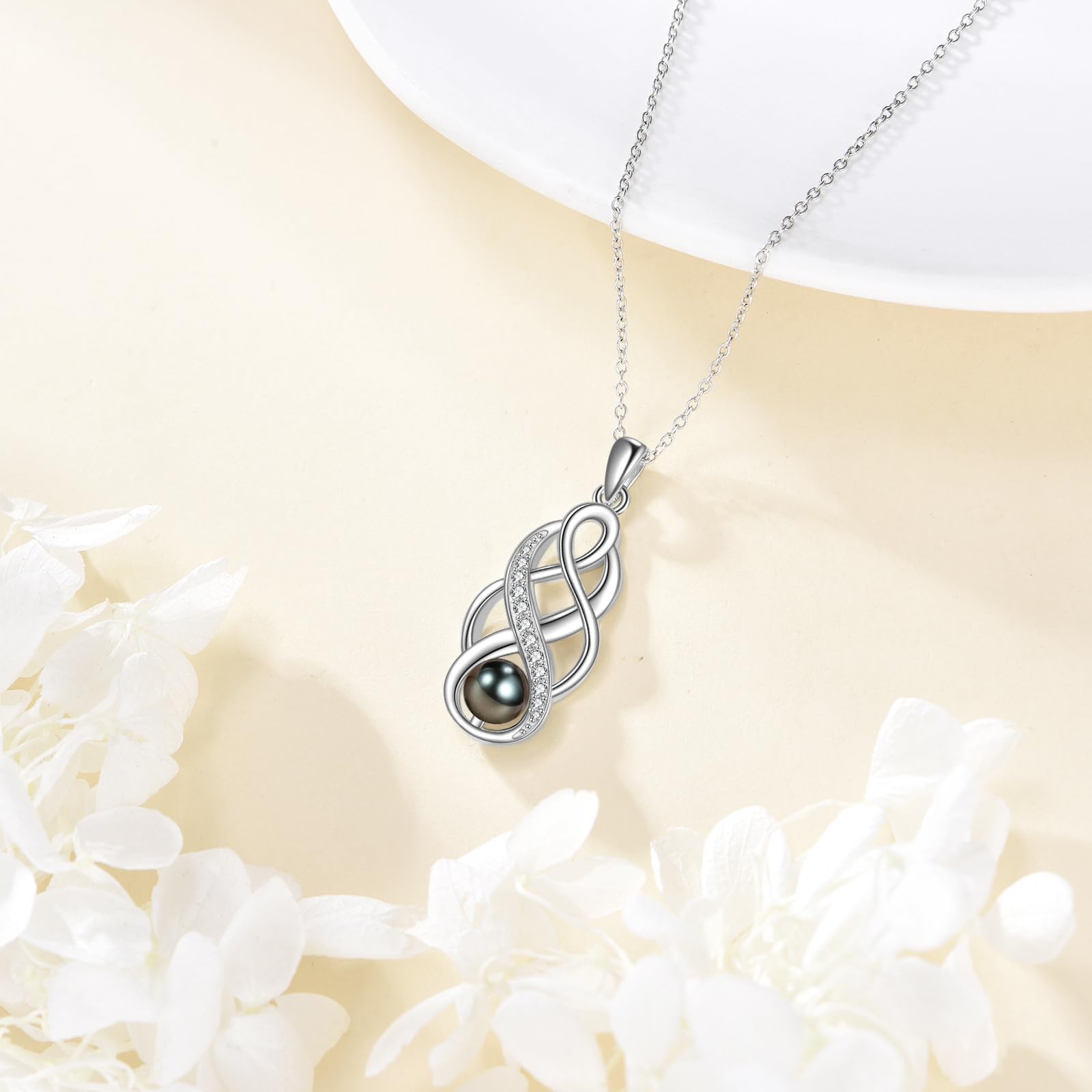 AXELUNA Collana celtica con perle nere da 7 mm, in argento sterling 925, da donna, con nodo celtico irlandese, regalo di compleanno per donne