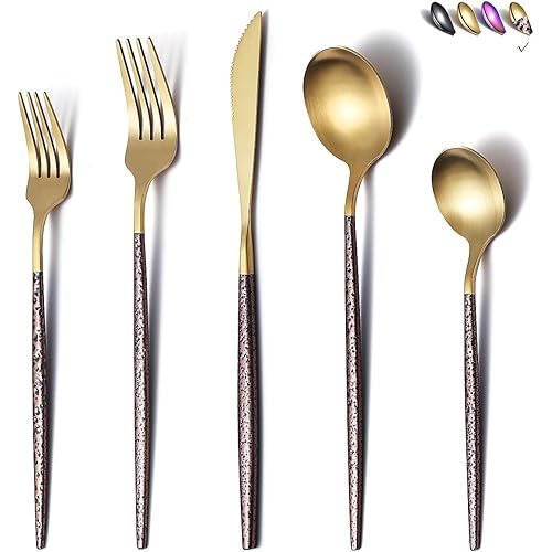 Silverware Set 20 Pieces, Moon Surface Handle And Matte Gold Head Flatware Set, Stainless Steel Cutlery Set, Utensil Sets, Service Set for 4
