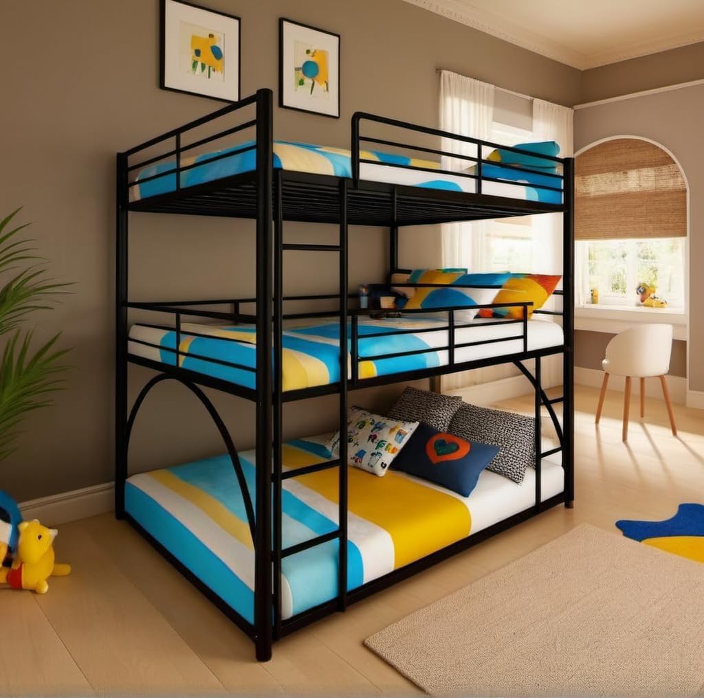 Full Triple Bunk Bed with Ladder for 3 Kids/Teen/Adults Bedroom,Full Heavy Duty Metal Bunk Bed for Girls & Boys,No Box Spring Needed,Black