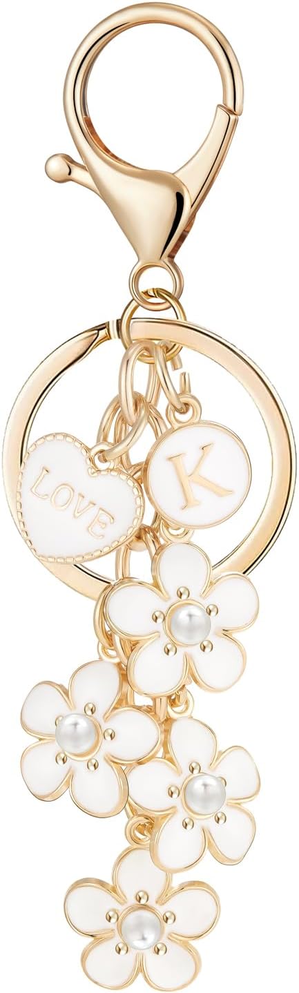 Initial Letter Keychain for Girls Flower Heart Kids Keyring Charms for Bag Handbag Backpack