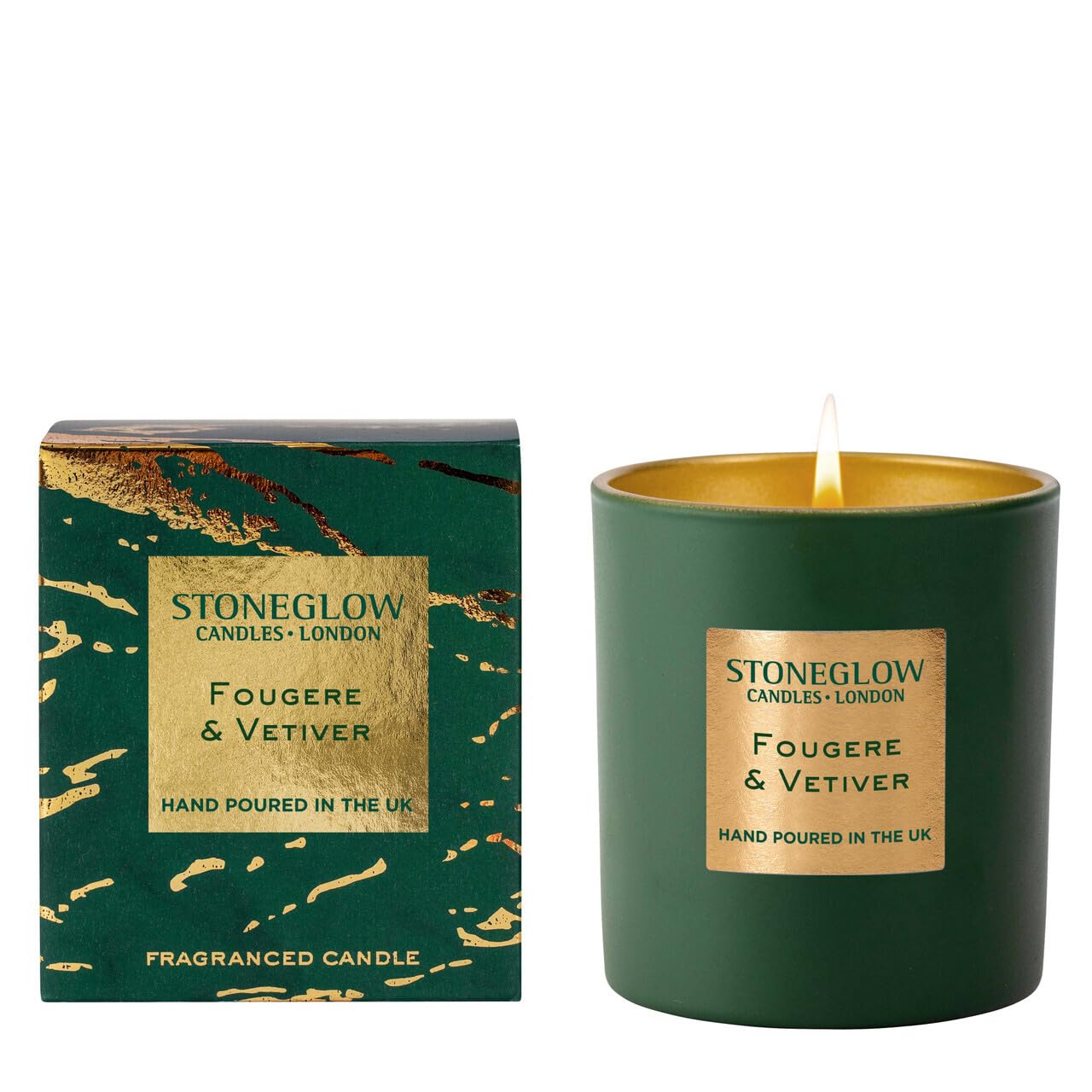 Stoneglow Luna Collection - Fougere & Vetiver 220 Grams Scented Candle of Fougere, Vetiver, Rosemary, Cedarwood and Citrus Tones, Gift for Birthdays, Christmas, Bath- Green & Gold