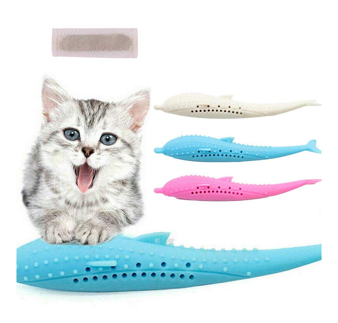 Eutreec Catnip Toys, Interactive Cat Fish Shape Toothbrush Refillable Catnip Simulation Fish Silicone Teeth Cleaning Chew Pet Supplies for Kitten Kitty Cats