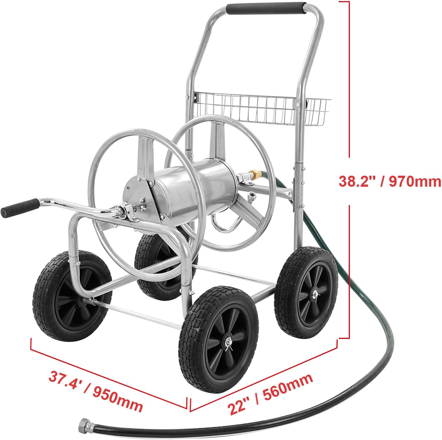 Hose Reel Cart: Holds 300 ft of 5/8" Hose, 4-Wheeled Mobile Garden Tool with Storage Basket, Heavy Duty Steel for Yard, Lawn, Garden