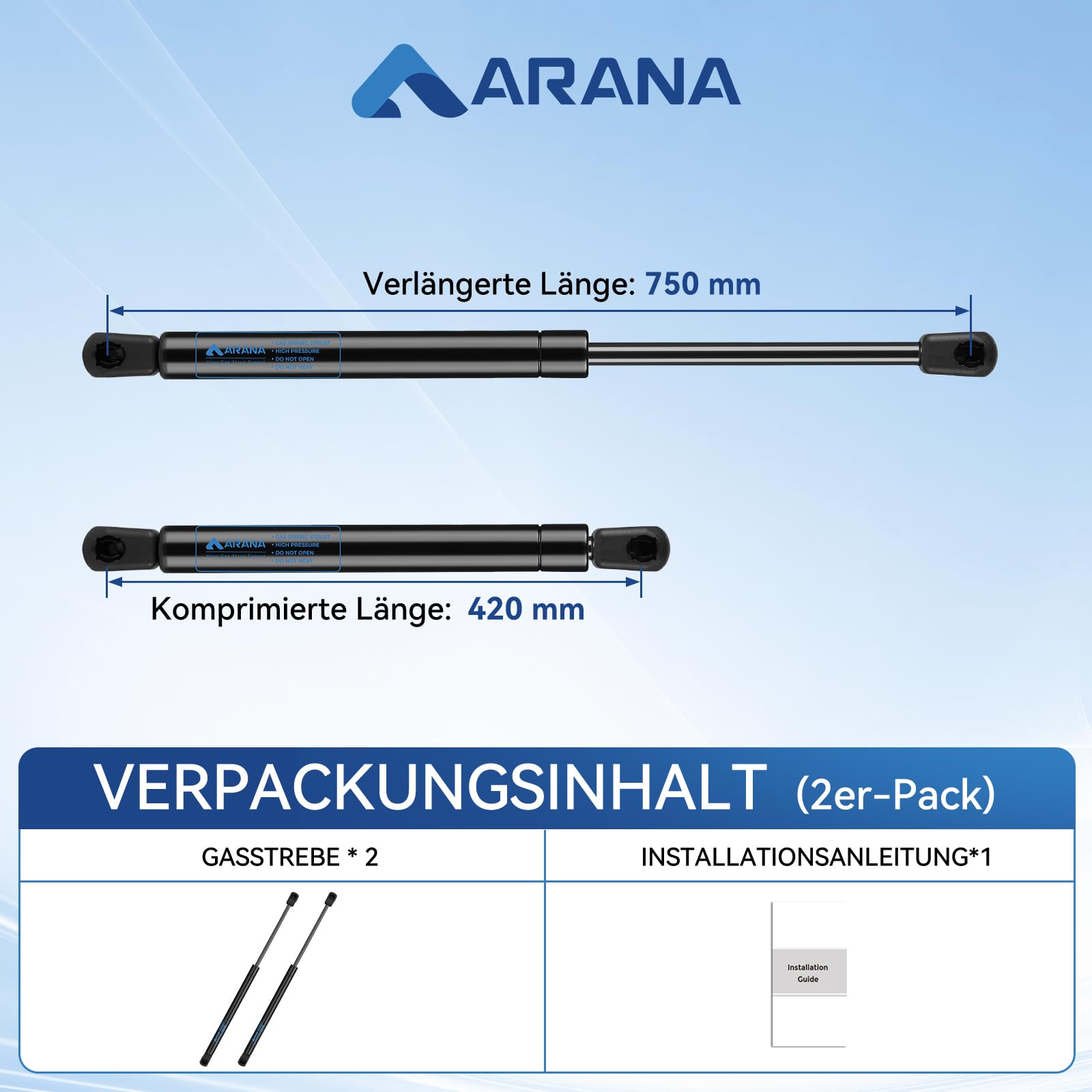 ARANA 750 mm 600 N gazowy uchwyt hydrauliczny 61 kg do hydraulicznych drzwi tylnej klapy kempingowej, pokrywki, pudełko na zabawki i aplikacje DIY Verin Hatchback, 2 sztuki