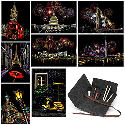 Scratch & Sketch Art for Kids and Adults, Rainbow Painting Night View Scratchboard(A4), Art & Craft, Scratch Set: 8 Sheets Paper with 6 tools in bag - Drawing Pen, Brush (Fireworks / Street corner)