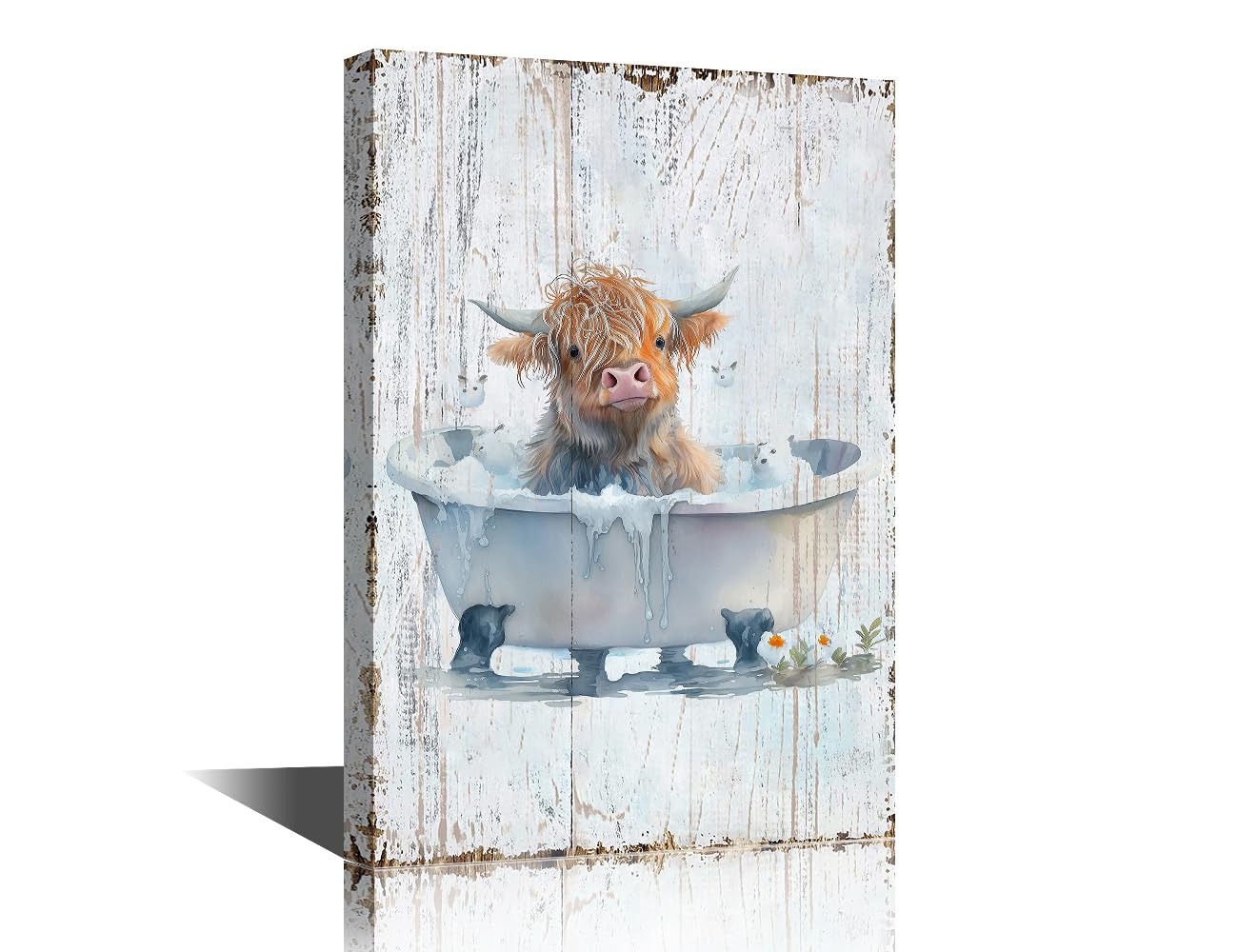 Bathtub Animal Highland Cattle Wall Art for Living Room Wood Board Animal Watercolor Pictures Canvas Wall Art Wall Decor for Bathroom Posters & Prints Stretched and Framed Ready to Hang (12"Wx18"H) โ image 1