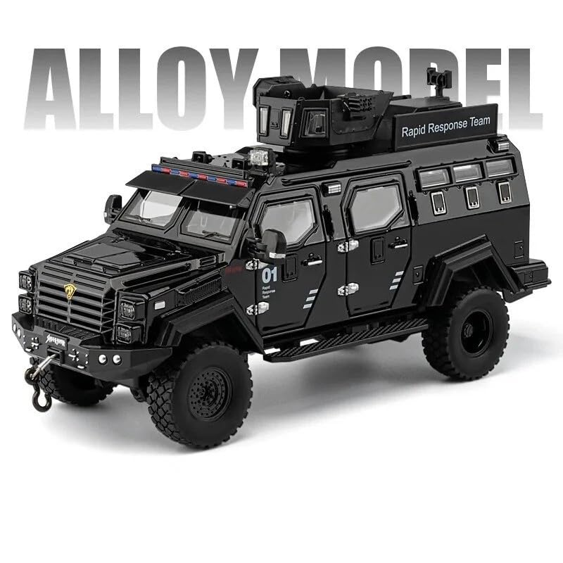 Image of Enterprise 1:24 Armored Police Car Diecast Model - Tooth Tiger Explosion-Proof Pull Back Metal Toy with Lights, Sounds & 4 Opening Doors - Collectible Vehicle for Kids & Display (Black)