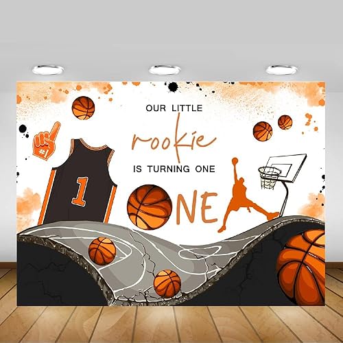 Miniatura 4 de Mocsicka Telón de fondo con tema de baloncesto para el primer cumpleaños para niño, Our Little Rookie is Turning One, decoraciones de fiesta,
