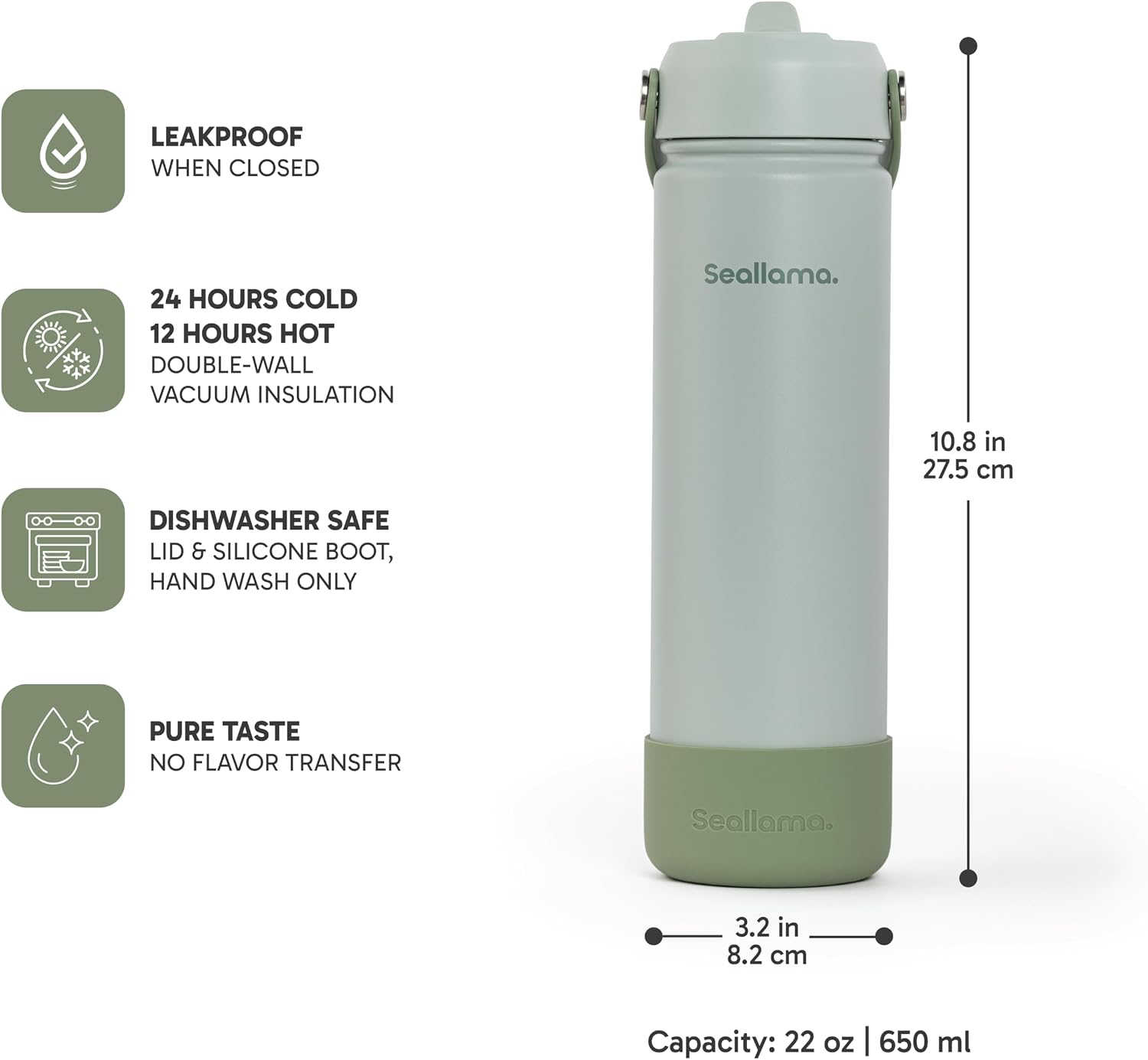 SEALLAMA Stainless Steel Wide Mouth Water Bottle - 2 Lids (Flex Straw Lid) and Double-Wall Vacuum Insulation - Leak Proof, BPA-Free, for Travel, Sports, School, and Car (Muted Matcha, 22 Ounces)