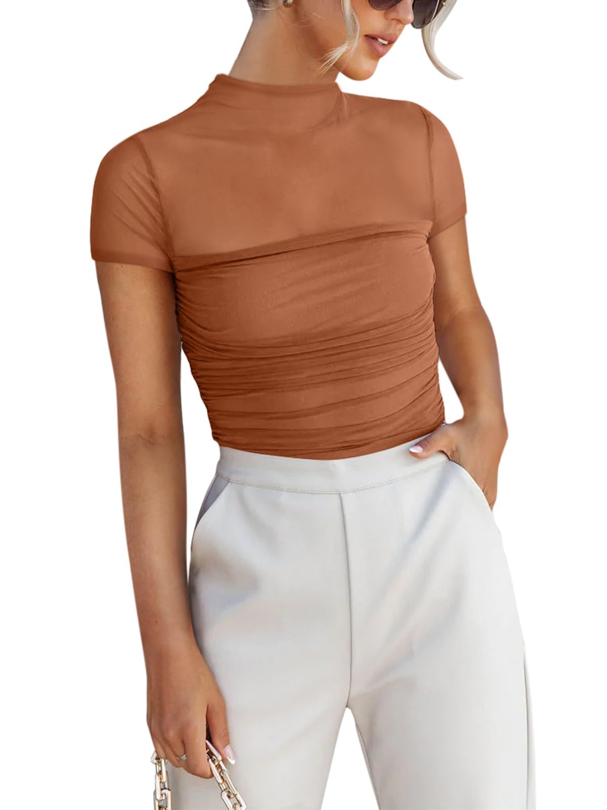 REORIA Women's Sexy Mock Turtle Neck Short Sleeve Shirts Sheer Mesh Ruched Trendy Going Out Bodysuits Tops