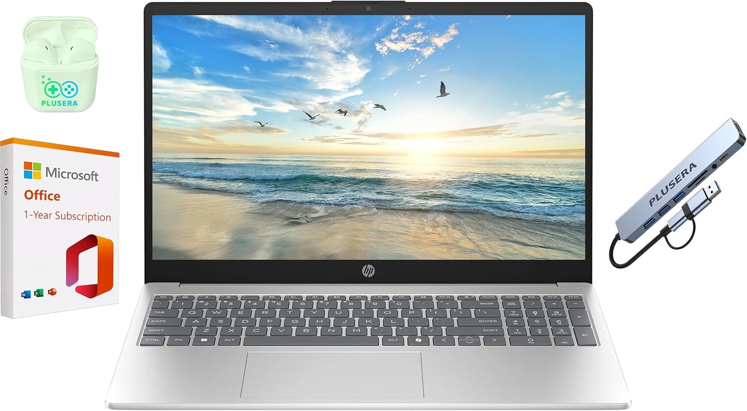 HP 15.6" FHD Business & Student Laptop Computer with 1-Year Office 365 & Copilot AI, Quad-Core Intel Processor, 32GB RAM 640GB Storage (128GB UFS+512GB SD Card), Win 11 H, PLUSERA Docking Hub, Silver