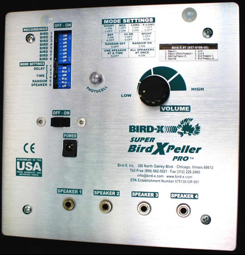 Super BirdXPeller Pro – Répulsif Sonore Anti-Oiseaux et Pigeons, 4 Haut-Parleurs, Programmable, Portée Jusqu’à 2,4 Hectares, Usage Extérieur