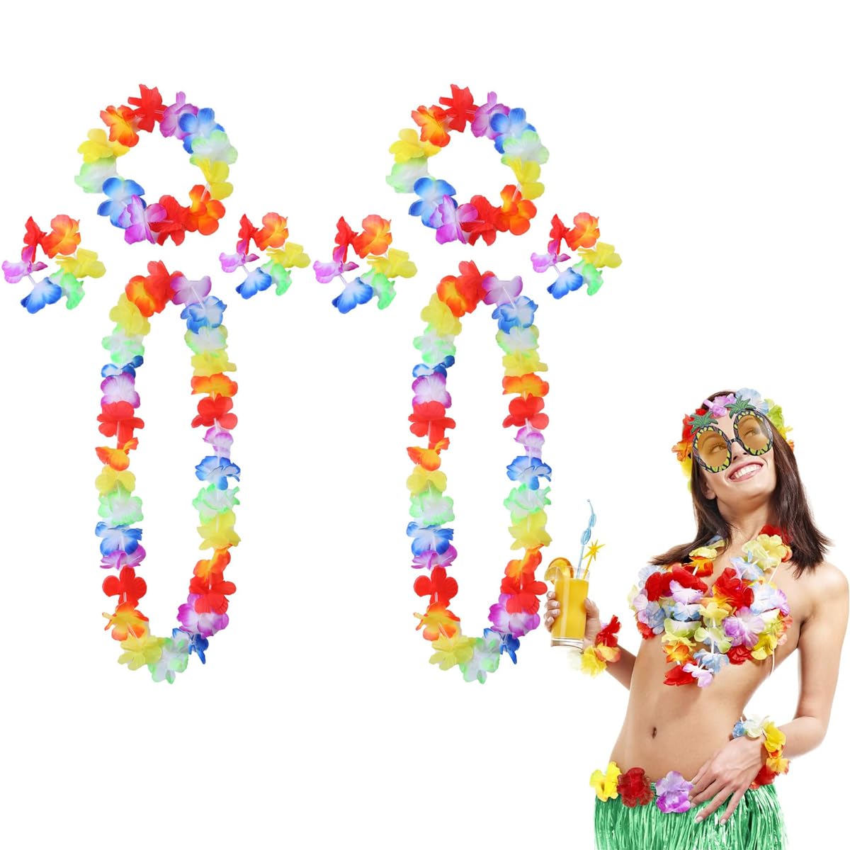 8 Pcs Hawaiian Leis Sets, Hawaiian Garlands, Hawaiian Necklace Headbands Bracelet, Tropical Theme Party Decorations Vibrantly Colored Hawaiian Fancy Dress Party accesscories