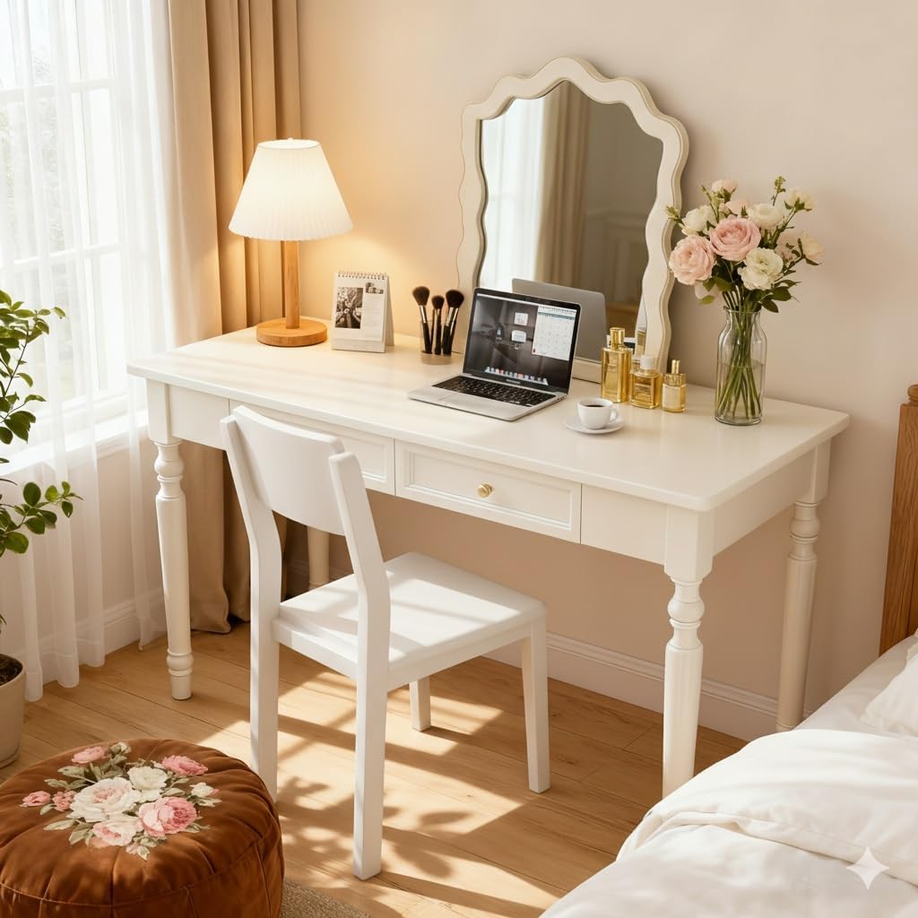 31.5in Country Desk and Chair Set, Home Office Computer Desk with Ergonomic Office Chair, Wooden White Writing Desk Study Table, for Bedroom, Office or Student Workstation(31.5'' x 23.6'' x 29.5'')