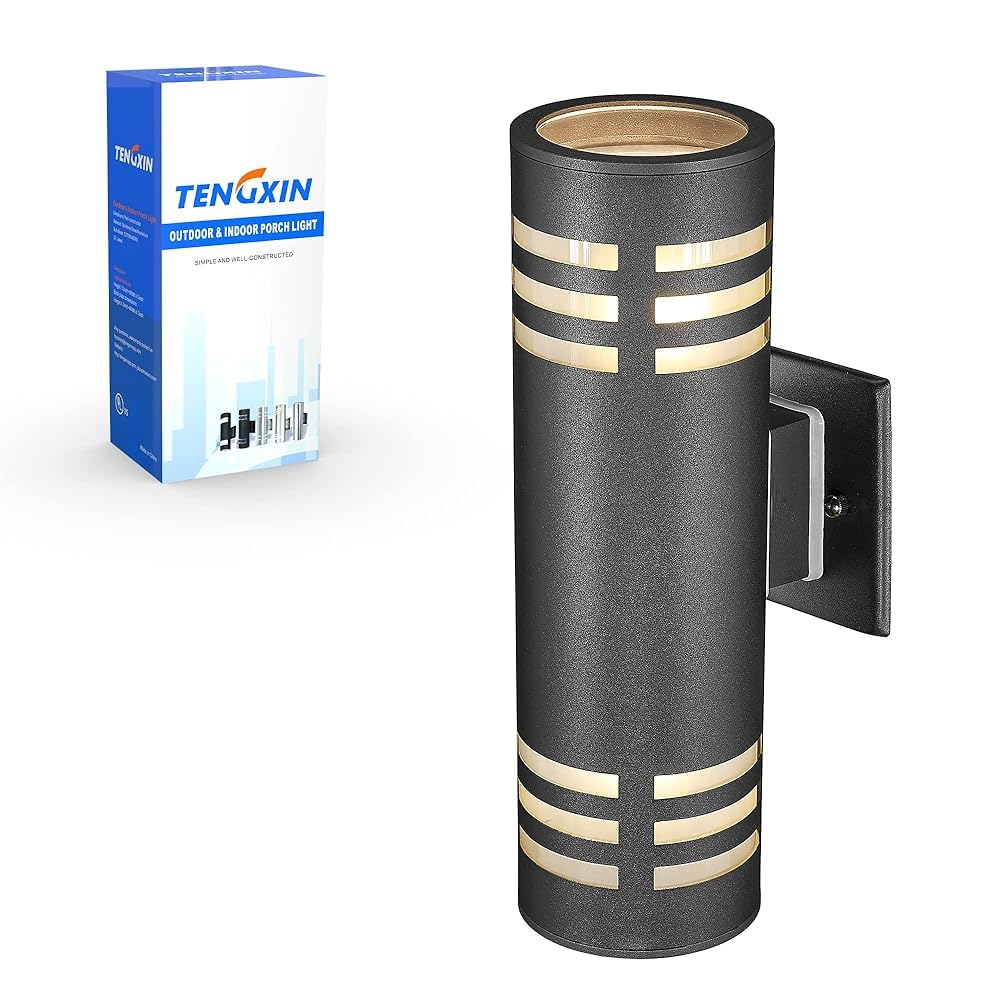 TENGXIN Outdoor Wall Light,Up and Down Cylinder Patio Porch Light,Stainless Steel 304 and Toughened Glass,Black Finished,IP 65 Waterproof
