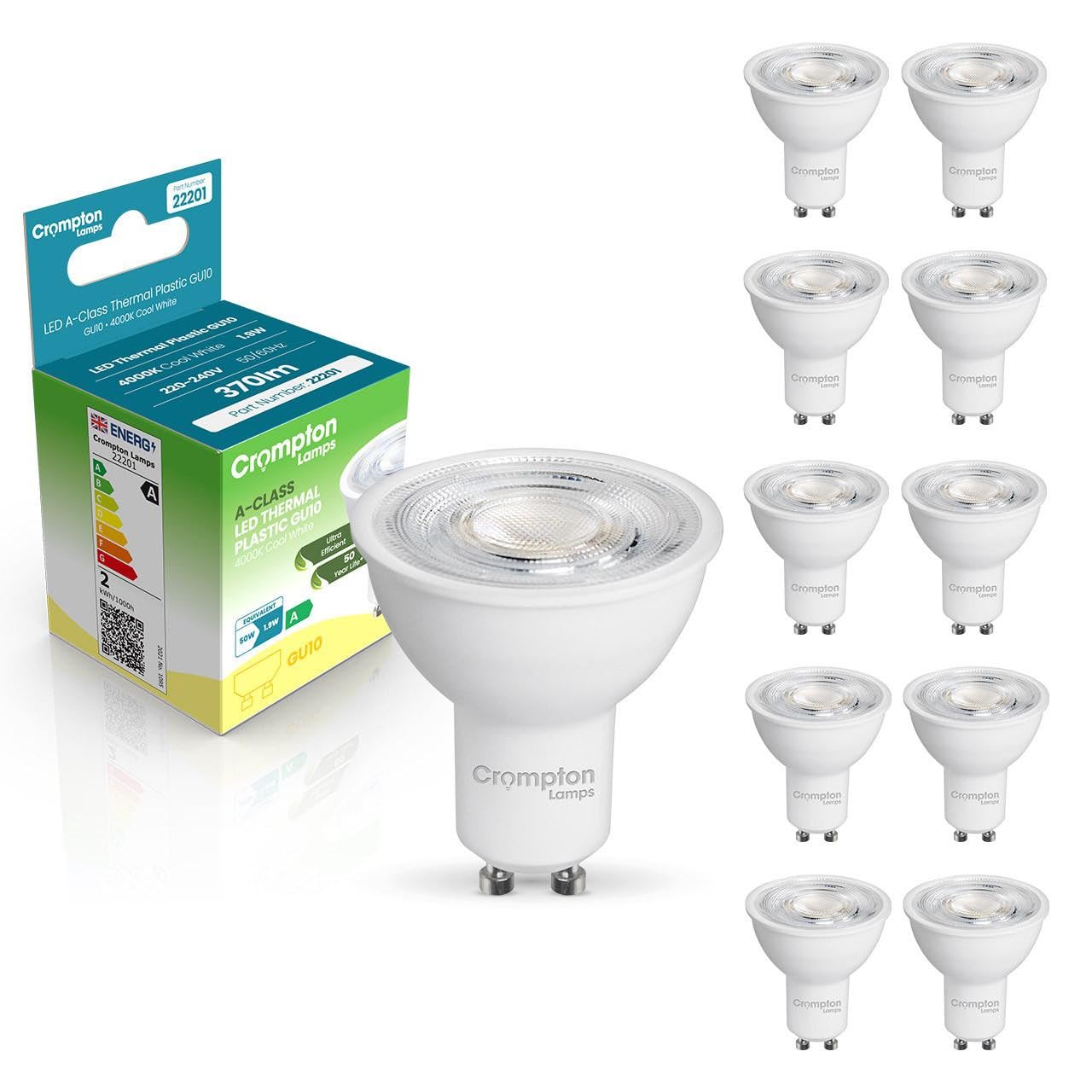 Crompton Lamps LED Ultra-Efficient GU10 Spotlight 1.9W A-Class (50W Equivalent) 4000K Cool White 36ยฐ 370lm Energy Efficient Filament A-Rated Light Bulb (10)