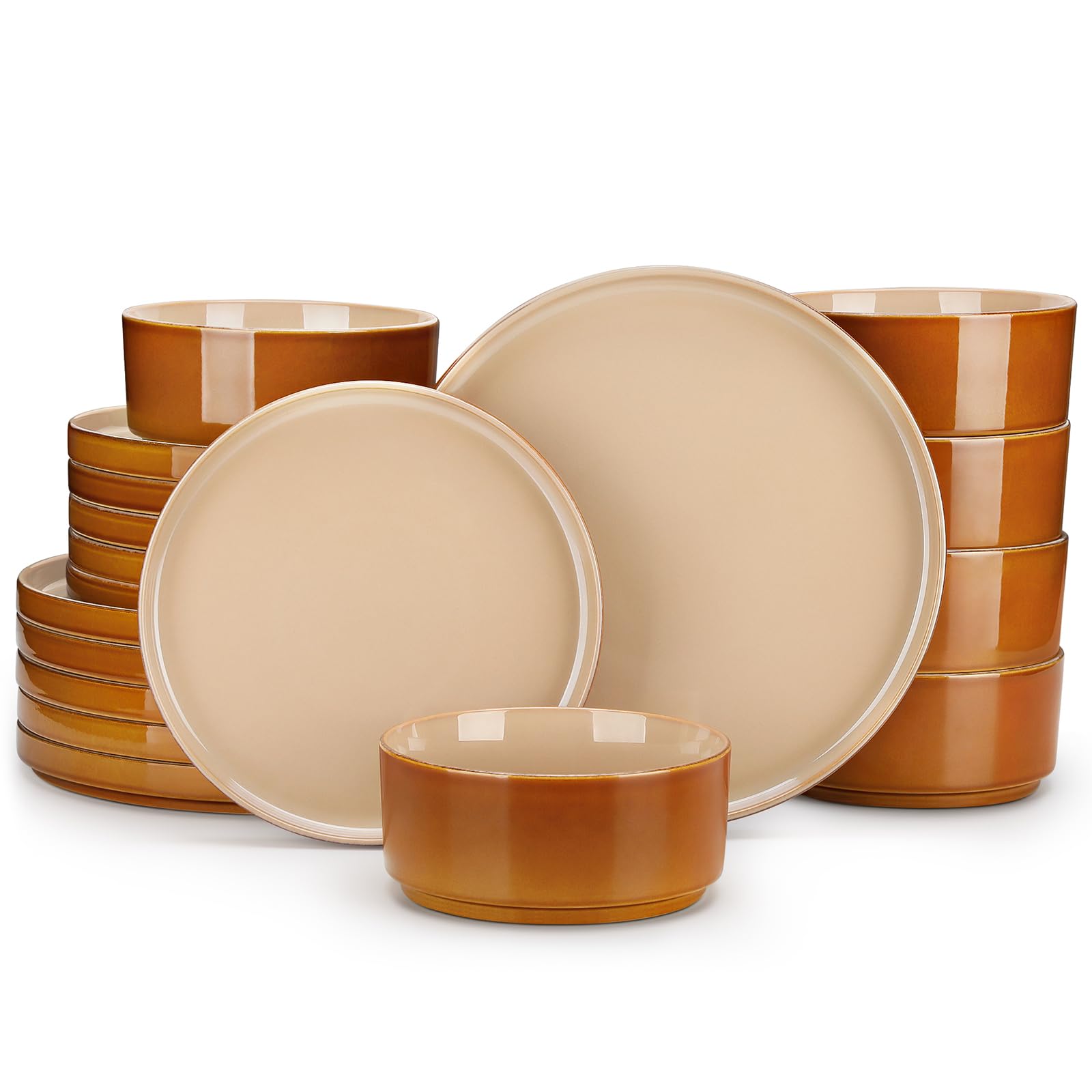 vancasso ONION Ceramic Plates and Bowls Sets, 18 Pieces Brown Dinnerware Sets for Kitchen, Reactive Glaze Dishes Set for 6, Dishwasher and Microwave Safe