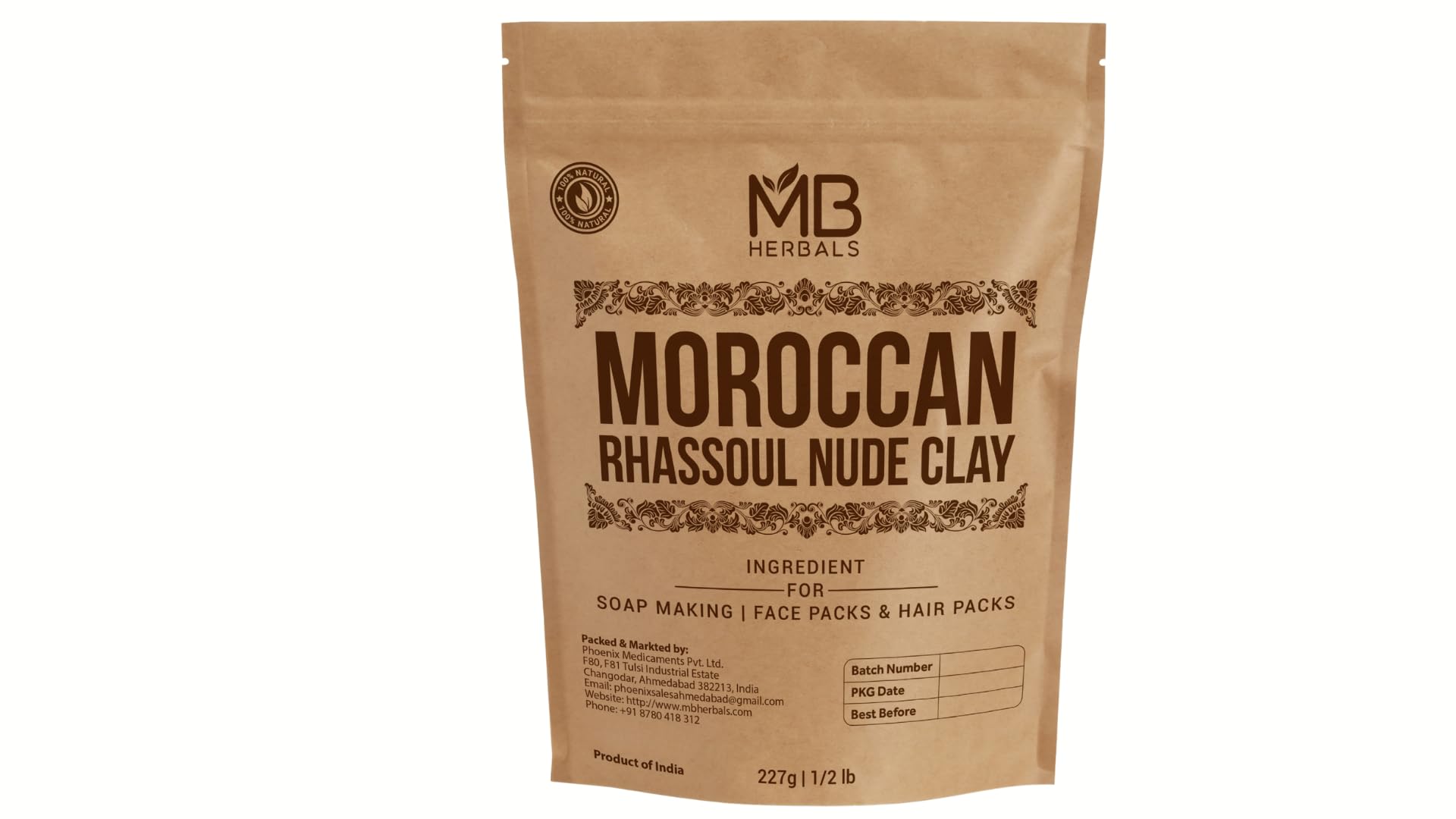 MB Herbals Moroccan Rhassoul Nude Clay 8 oz | 0.5 LB / 227 G | Mild Clay for Making Soaps and Face Packs