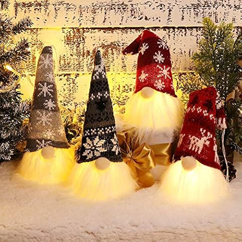 XAMSHOR Handmade Christmas Gnome Tomte with Light, Plush Elf Scandinavian Santa with Bendable Nordic Hat for Home Table Decorations Gift Set of 4 Cover