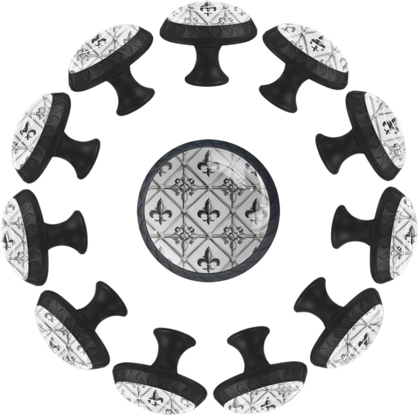 12 Pcs Cabinet Knobs Gray Fleur De Lis Seamless Pattern, Round Crystal Glass Drawer Dresser Wardrobe Handles Pulls Door Cupboard Hardware Knob with Screws for Home Kitchen