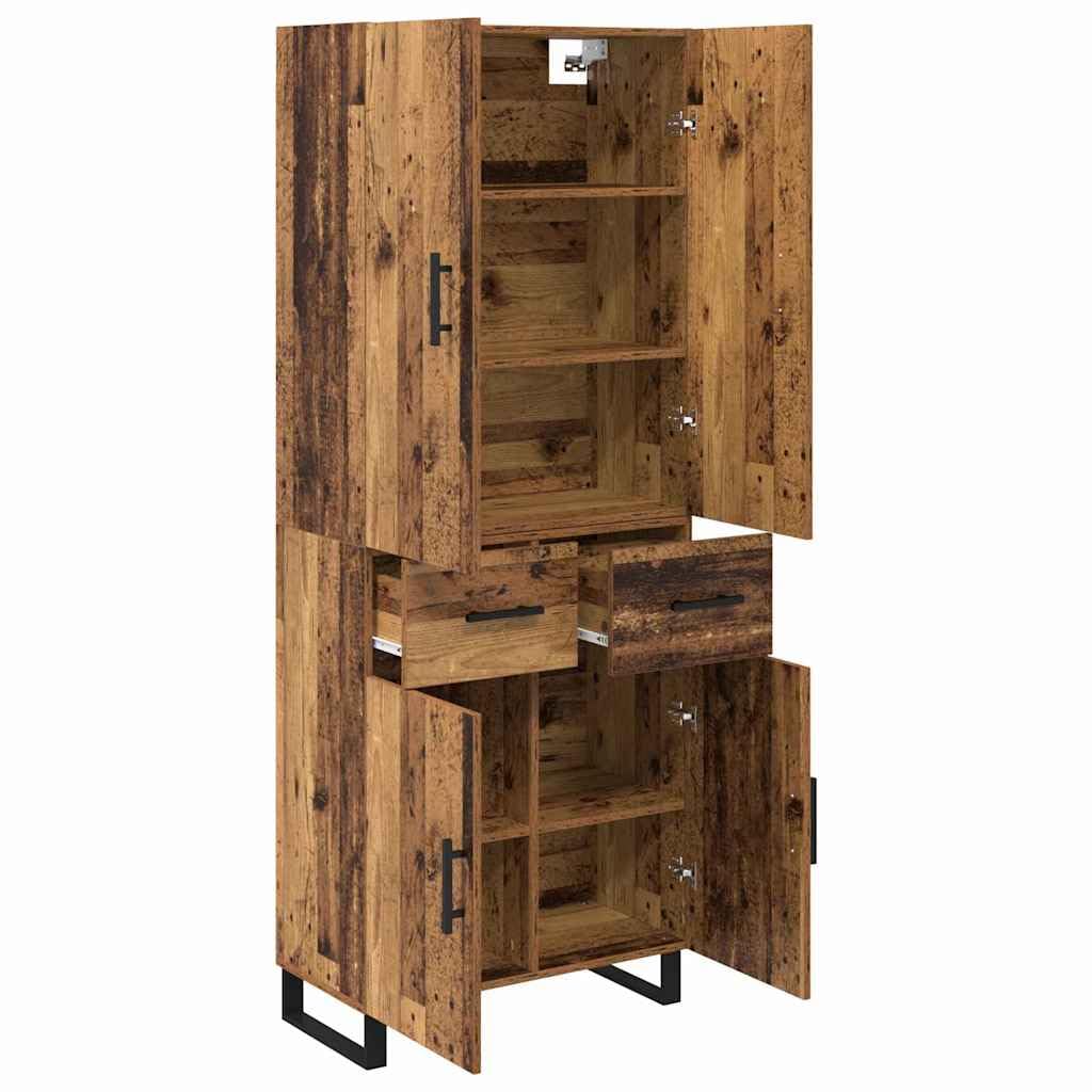 Meuble haut avec tiroirs et portes en bois vieilli, 69,5 x 34 x 180 cm, buffet moderne avec espace de rangement, étagère et étagère pour salon, salle à manger, couloir, cuisine, bureau