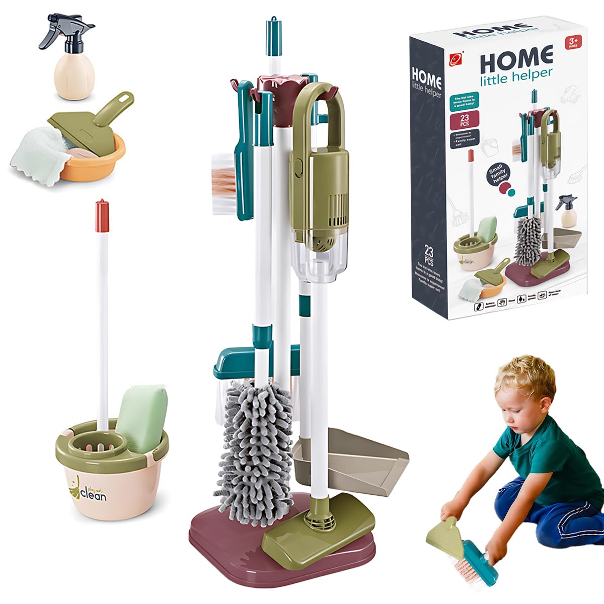 Felirzavy Kids Cleaning Set 23PCS Children Cleaning Toy, Pretend Play Housekeeping Supplies Kit with Broom Mop Brush Bucket Dish Cloth, Little Helper Tool Interactive Early Learning Gift For Toddler