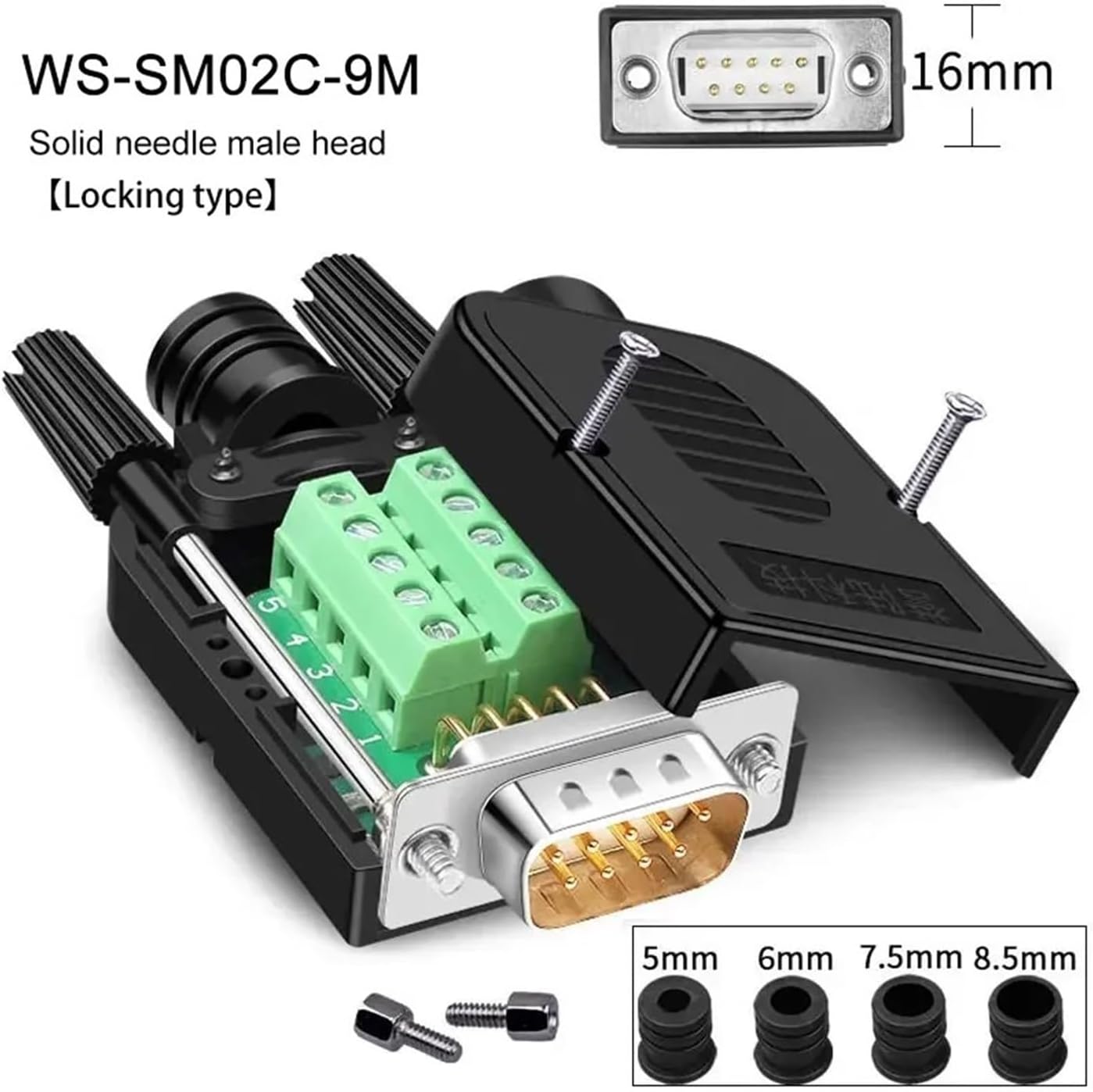 DB9 Plug with 4 Tailpipes Male Female 9 Pin Terminal Block RS232/COM Serial Port Connector(Male-SS-S)