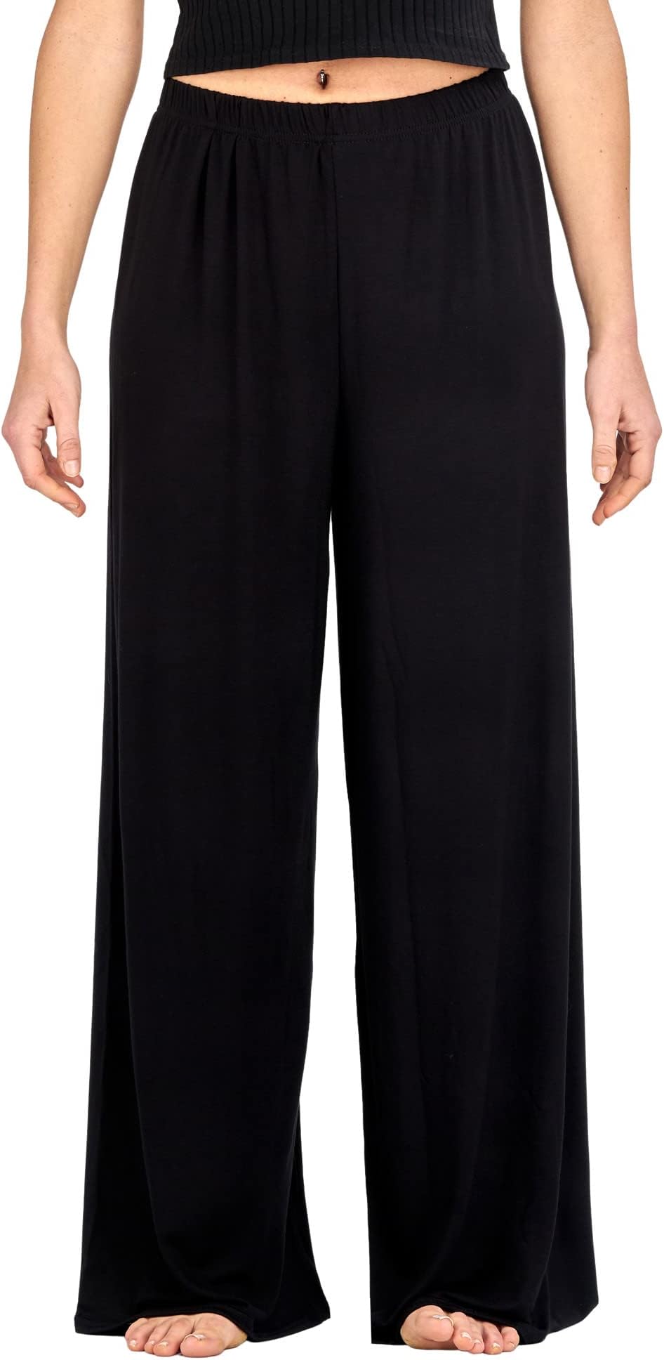 Ladies Palazzo Wide Leg Flared Elasticated Stretch Plus Size Black Trousers - Lightweight & Baggy Yoga Pants for Women - High Waist Linen Trousers Womens