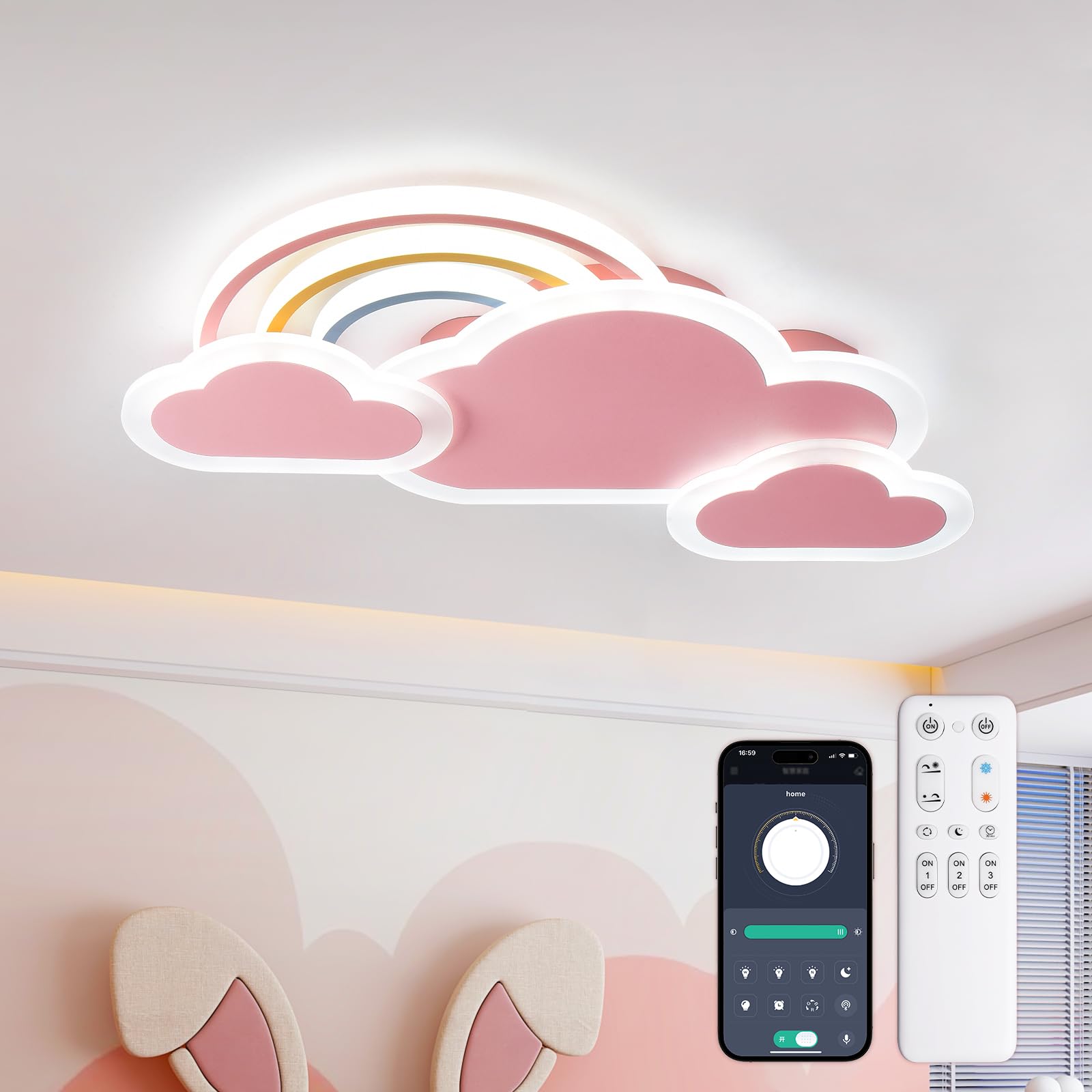 YZBEIMDAI Plafoniera Cameretta Bambini 55cm/30W Dimmerabile Nuvole Arcobaleno Lampada da Soffitto con Telecomando＆APP, Lampade a Soffitto Bambini Ragazzi Ragazze Cameretta, Bianco