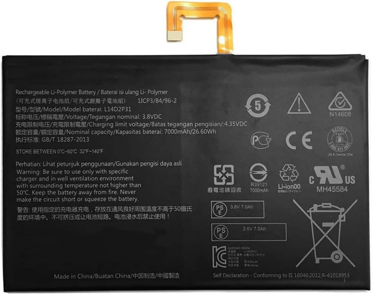 L14D2P31 Batterie pour tablette Lenovo Tab 2 A7600-F A10-70F A10-70 A10-70L A10-70LC A10-30 A10-30L A10-30F TB2-X30 TB2-X30F TB2-X30F 0 l TB2. X30M 3,8 V 7000 mAh 26,6 Wh avec outils