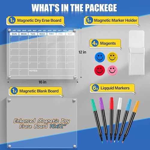 Acrylic Calendar For Fridge 2 Set, [Enhanced Magnetic] Clear Acrylic Dry Erase Board For Fridge With Memo Board, Magnetic Pen Holder, Markers & Magnet, Monthly Fridge Calendar 16X12'' White Grid #TOP4