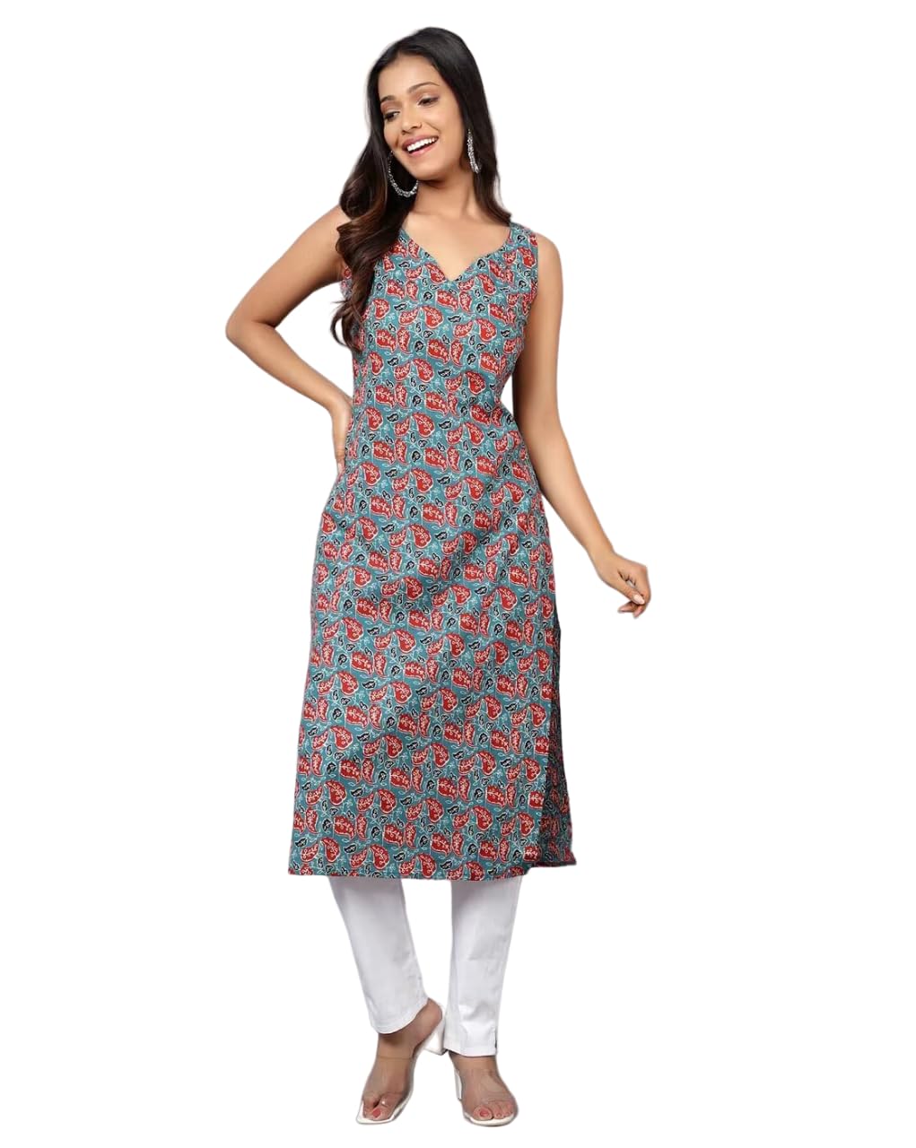 Patlani Women's Cotton Blened Sleeveless Printed Full Stitched Kurti.(K-199) Grey
