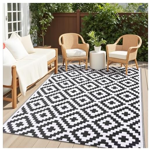 OLANLY Waterproof Outdoor Rug 5x8 ft, Plastic Straw Rug for Camping, RV Mat Outside, Indoor Outdoor Carpet for Porch, Deck, Backyard, Balcony, Picnic, Black & White