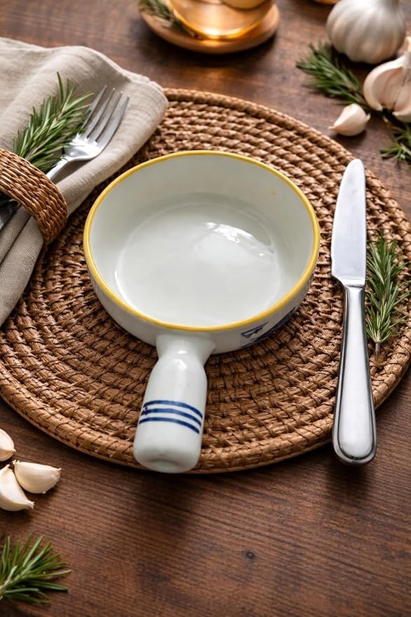 Image of Niyara Stoneware Handmade Ceramic Stylish Premium Serving Bowls /Salad Tray Microwave Dishwasher Safe (Blue Stripe Bowl with Handle)
