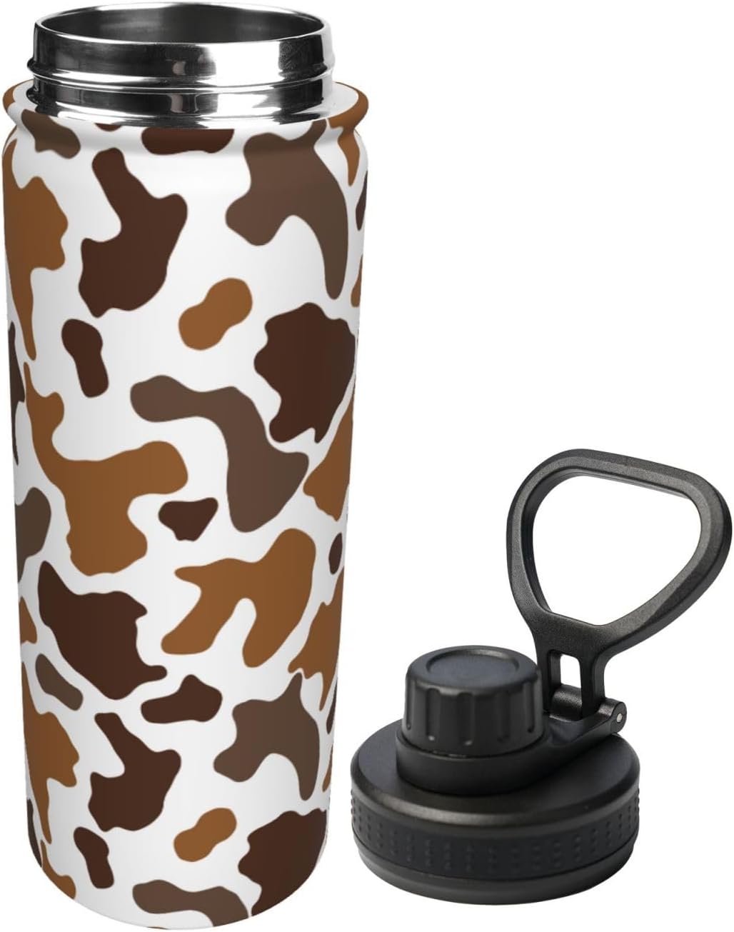 Black White Brown Cow Print 18 OZ Insulated Stainless Steel Sports Water Tumbler with Lid, Unisex Flask Insulated Water Cup for Outdoor Camping Cycling